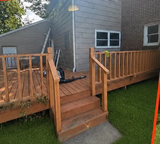 Before: Back deck and railings: worn stain to a fresh gray finish